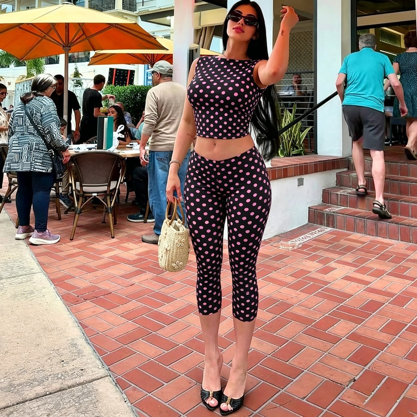 SXR K6S07350A polka dot sleeveless backless top slim cropped pants suit