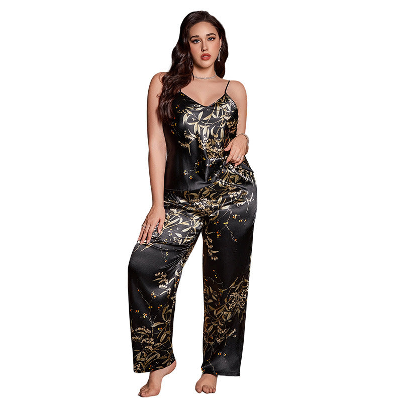 DNL imitated silk pajamas suit printed nightgown plus size