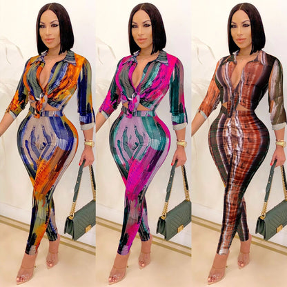 XYZ Digital printed V-neck long-sleeved trousers two-piece set