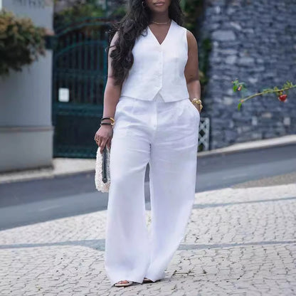 GY (S-3XL) S10896 V-neck vest wide leg pants suit