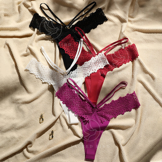 Lace stitching seamless ice silk cotton crotch large size thin belt T-shaped panties sports T-back