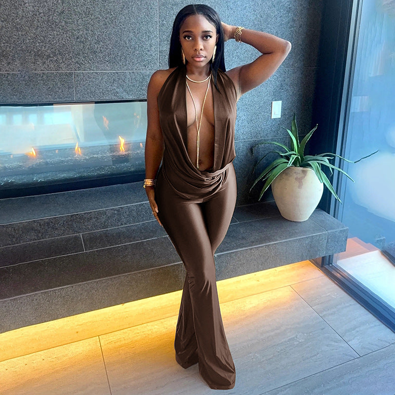 DZHT D25JP554 fashion hollowed-out fake two-piece halter swing collar bare back one-piece trousers