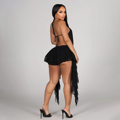 DZHT D26ST055 mesh halter swing collar tied top fake two-piece ruffled pantskirt two-piece suit
