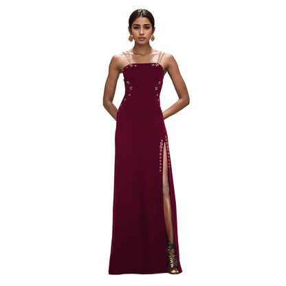 XYZ C7522 elegant gold necklace sleeveless split dress