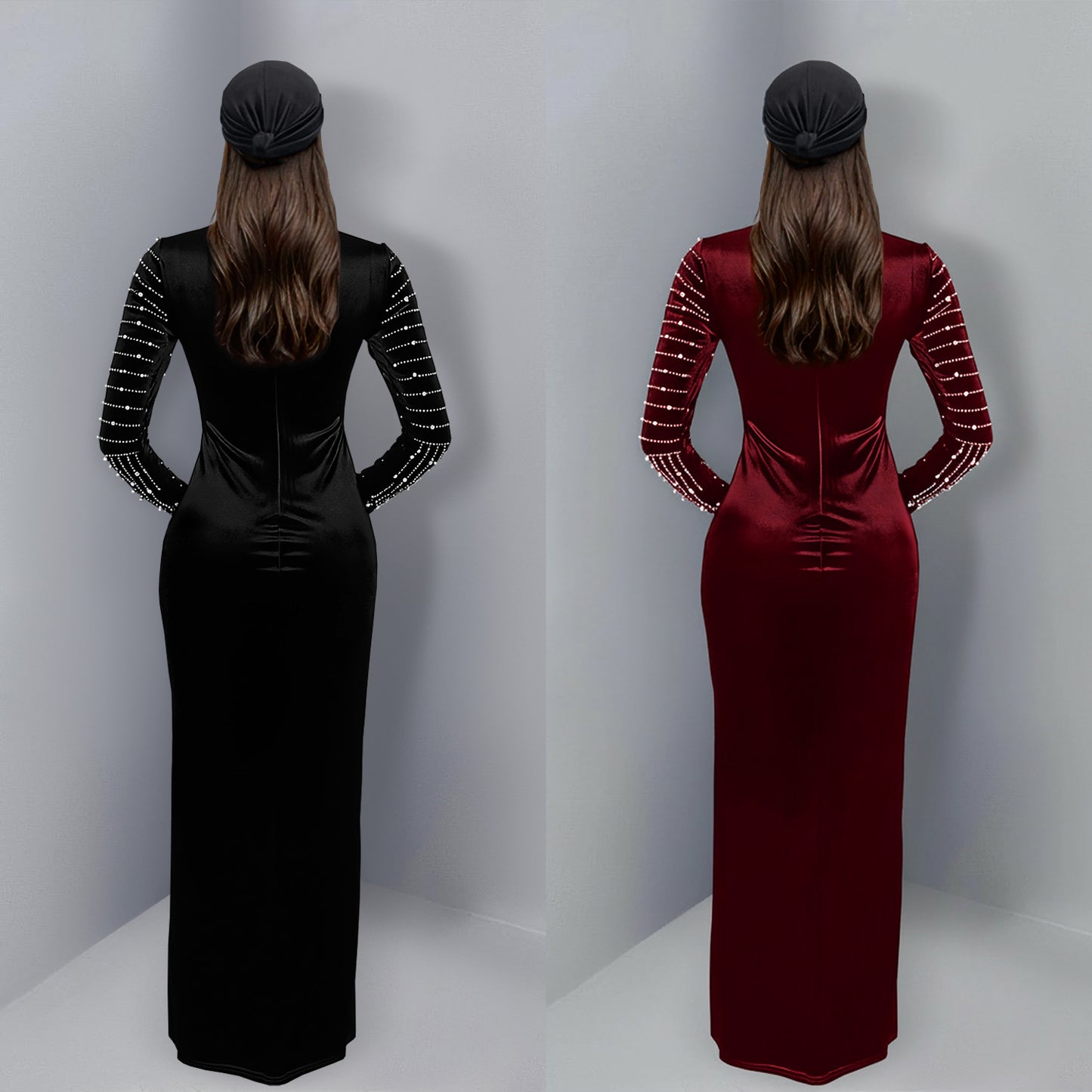 XYZ C7617 elegant velvet rhinestone long sleeve dress