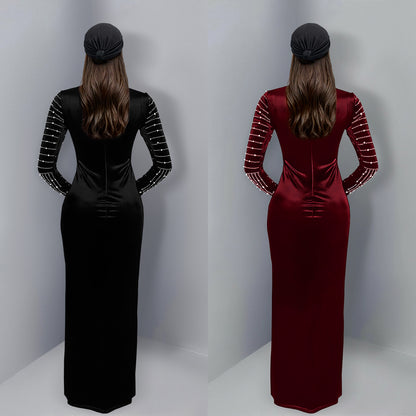 XYZ C7617 elegant velvet rhinestone long sleeve dress