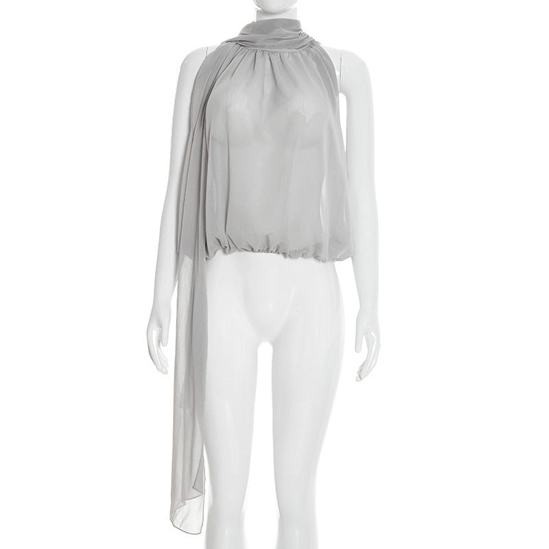 DZHT D26TP029 halter sleeveless see-through ribbon Bud elegant chiffon top