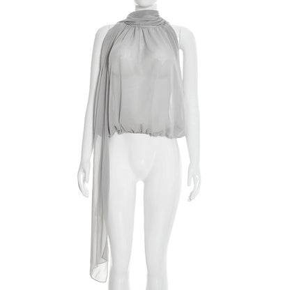 DZHT D26TP029 halter sleeveless see-through ribbon Bud elegant chiffon top
