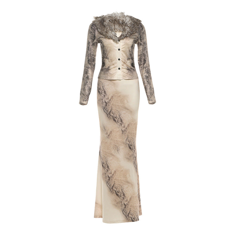 SXR autumn and winter V-neck fur collar long sleeve cardigan high waist sheath skirt suit