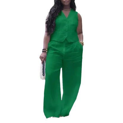 GY (S-3XL) S10896 V-neck vest wide leg pants suit