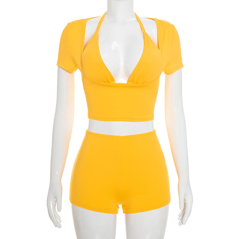 DZHT J26ST312 low collar short sleeve halter lace-up suspender tight shorts three-piece suit