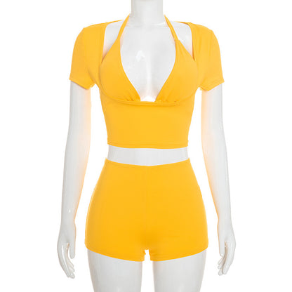 DZHT J26ST312 low collar short sleeve halter lace-up suspender tight shorts three-piece suit