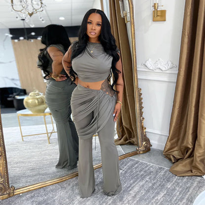 XYZ C7528 casual sleeveless midriff-baring top and trousers two-piece set