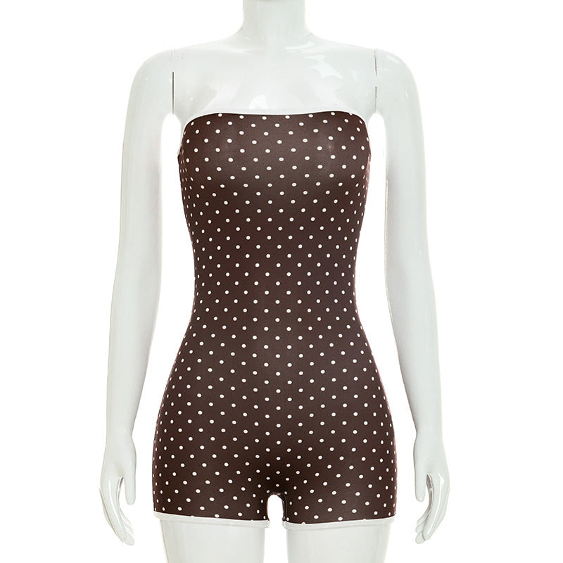 DZHT D26RP192 polka dot print contrast color tube top tight one-piece shorts