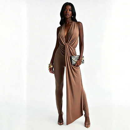 DZHT Q26JP051 backless sleeveless deep V-neck solid color slim-fit halter one-piece trousers