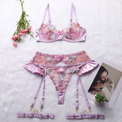 Embroidered flower bow tie stitching satin sexy lingerie four-piece set