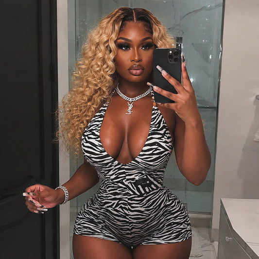 DZHT Q26RP091 zebra print halter deep V-neck backless Siamese shorts