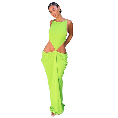 DZHT D26DS164 solid color sleeveless bare back pleated long dress