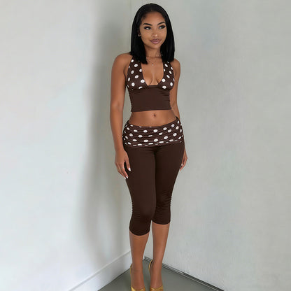 DZHT J26ST130 stitching dotted prints halter spaghetti straps pleated waist cropped pants two-piece suit