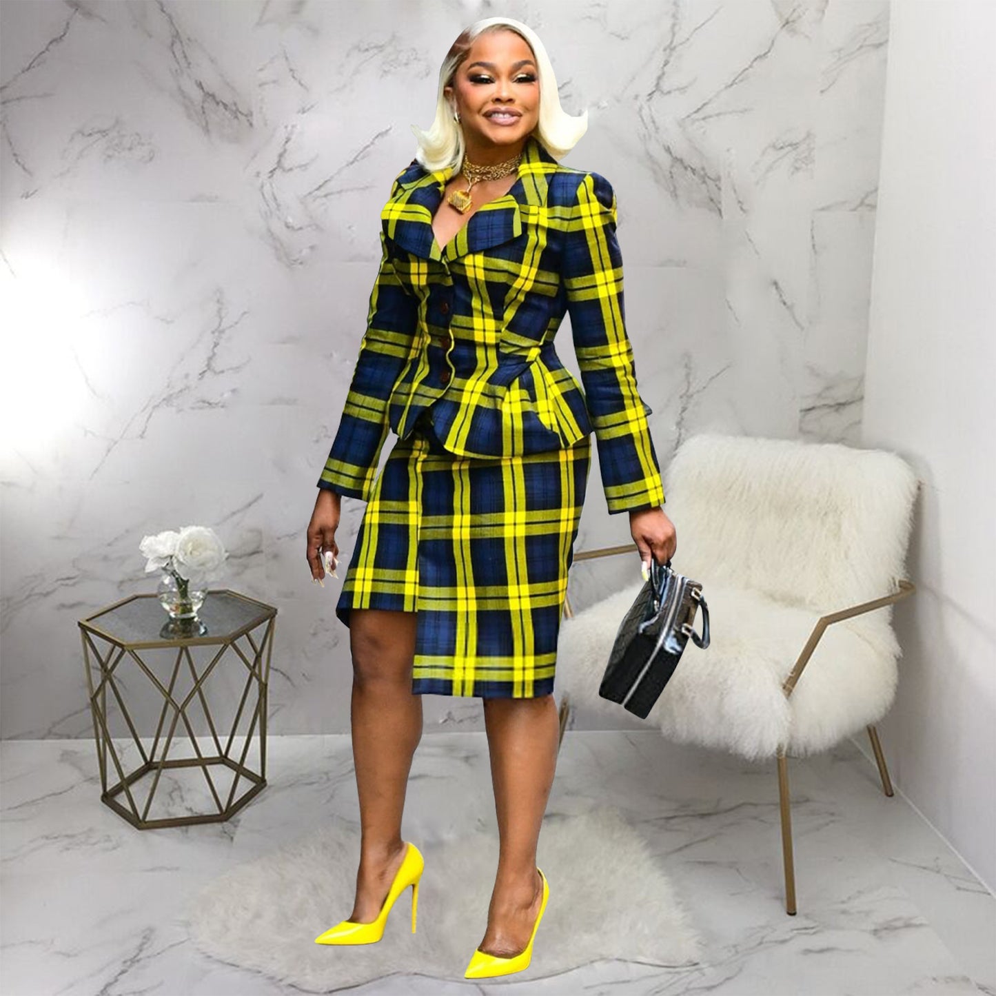 MYF (S-2XL) 10886 plaid dress lapel sheath skirt suit
