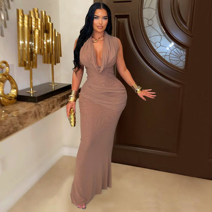 XYZ C7555 sleeveless pleated V-neck low cut dress