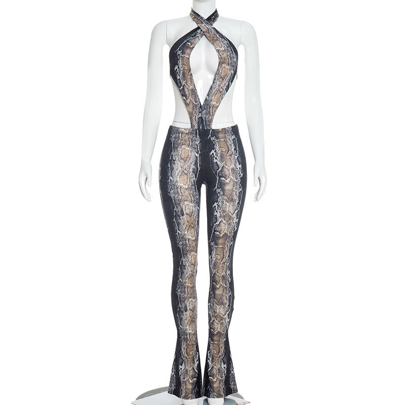 DZHT J26JP014 tight spring fashion casual snake print backless jumpsuit