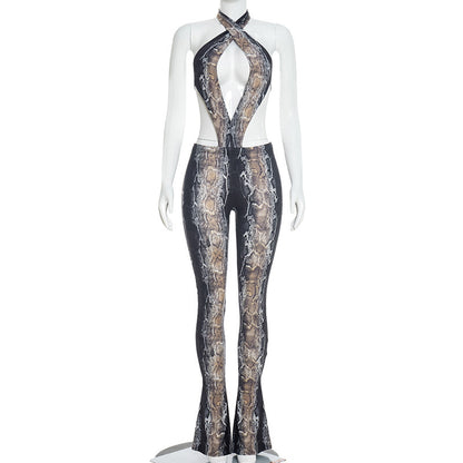 DZHT J26JP014 tight spring fashion casual snake print backless jumpsuit