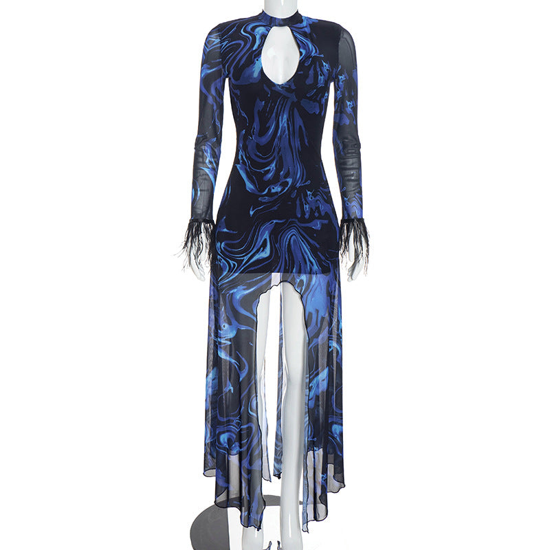 DZHT D26DS267 printing color contrast mesh wool long sleeve hollow dress