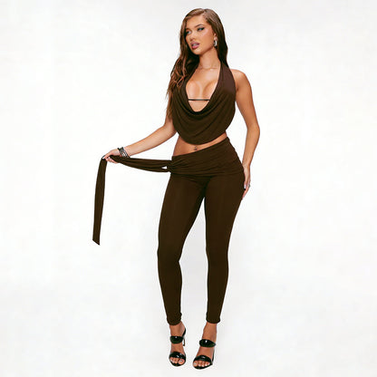 DZHT J25ST477 winter draping effect top waist belt leggings suit
