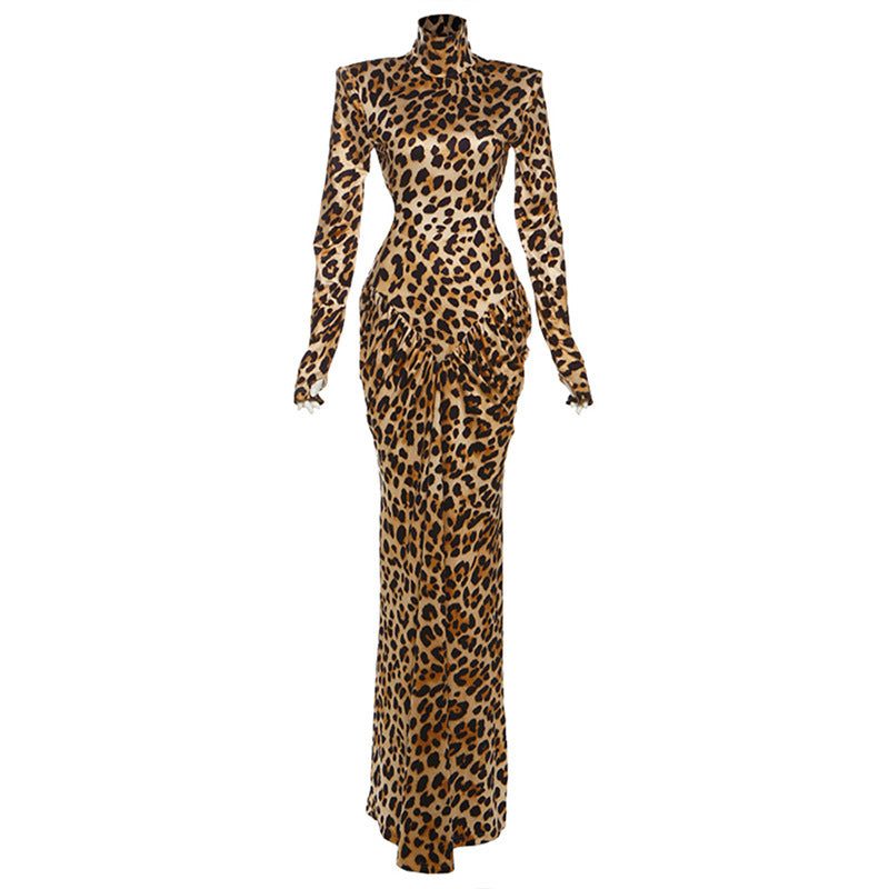SXR fall winter fashion backless turtleneck long sleeve printed dress