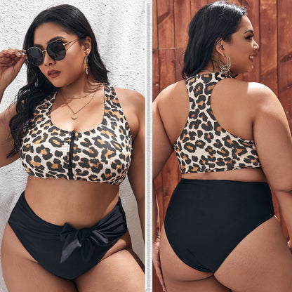 LF (L-4XL) leopard print multicolor zipper swimsuit women's top sexy plus size