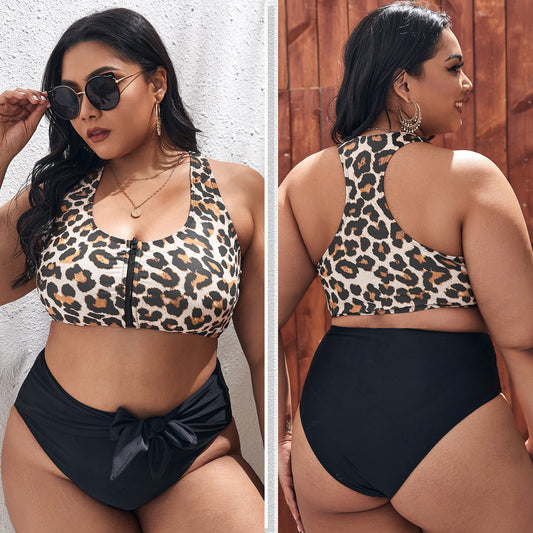 LF (L-4XL) leopard print multicolor zipper swimsuit women's top sexy plus size