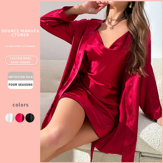DNL pajamas two-piece set sling outerwear gown imitated silk pajamas suit