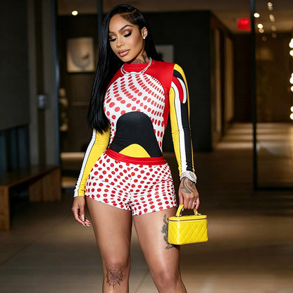 DLS summer contrast color printed long-sleeved top polka dot shorts suit