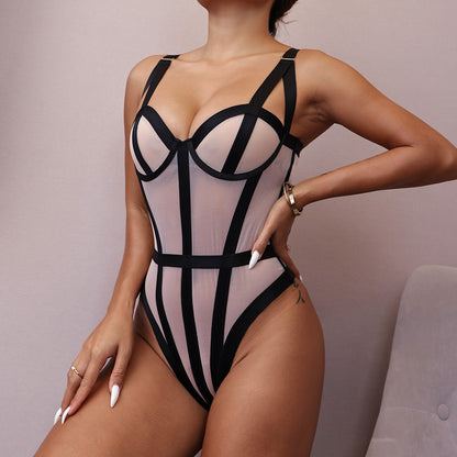 See-through bandage mesh joint sexy bodybuilding jumpsuits underwear open hidden hook