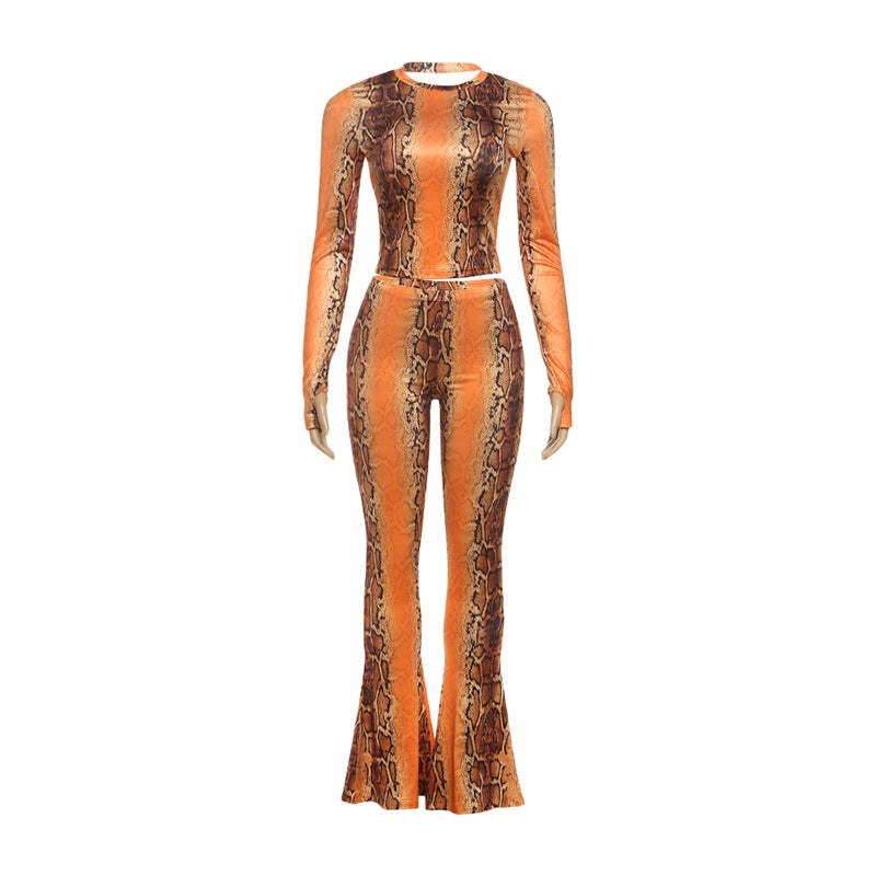 SXR autumn midriff-baring long sleeve top high waist flared pants printing suit