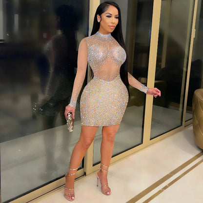 XYZ C5890 nightclub rhinestone mesh see-through long sleeve dress