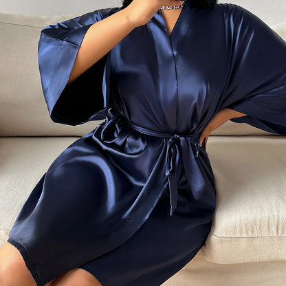 DNL plus size bathrobe lace-up nightgown mid-length Ice Silk