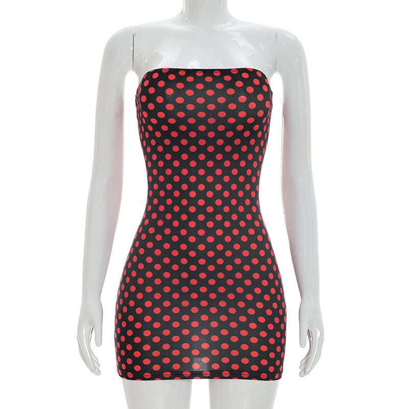 DZHT D26DS072 spring/summer fashion polka dot print tube top tight sheath dress