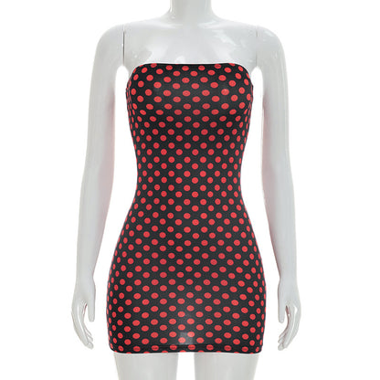 DZHT D26DS072 spring/summer fashion polka dot print tube top tight sheath dress