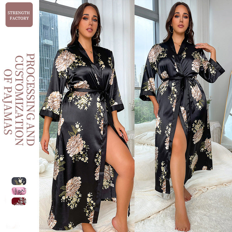 (XL-5XL) DNL plus size loose printed long emulation silk nightgown
