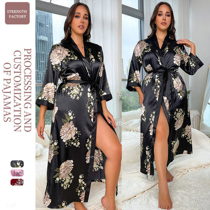 (XL-5XL) DNL plus size loose printed long emulation silk nightgown