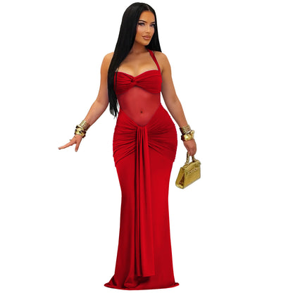 XYZ C7608 sheer mesh halter tied dress