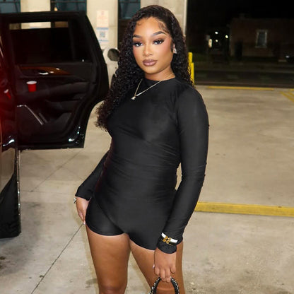 DZHT J25RP443 round neck long sleeve casual tight pure desire one-piece shorts