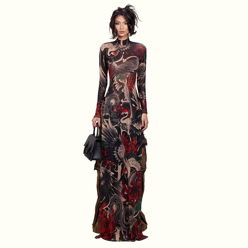 DLS Spring half-high collar long sleeves personalized animal pattern high slit long shirt