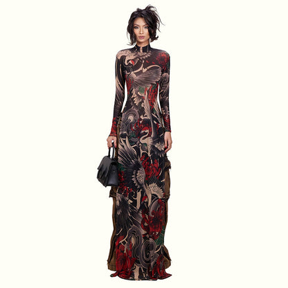 DLS Spring half-high collar long sleeves personalized animal pattern high slit long shirt
