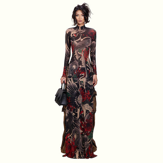 DLS Spring half-high collar long sleeves personalized animal pattern high slit long shirt