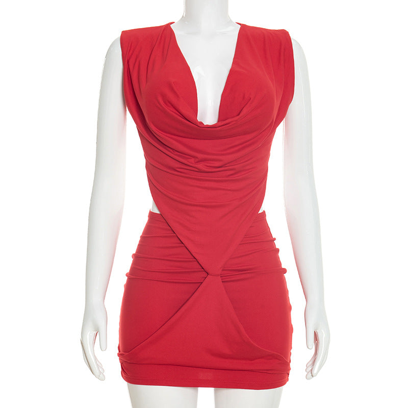 DZHT Y25DS557 fashion deep V-neck hollow-out swing collar sheath dress