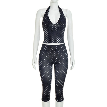 DZHT D26ST184 polka dot print halterneck vest top tight cropped pants two-piece suit
