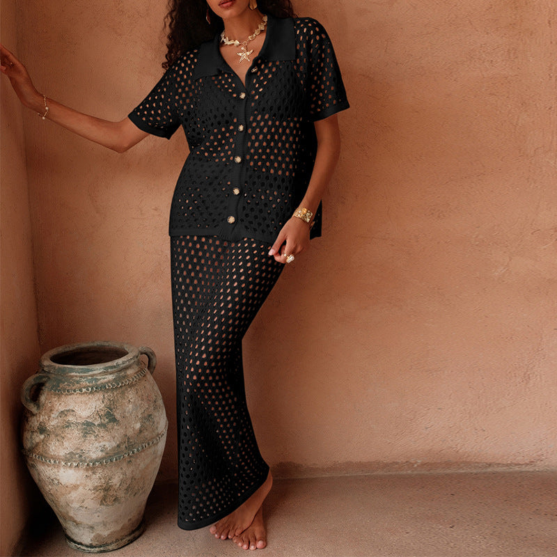 CYB Beach short-sleeved cardigan dress see-through knitted sun protective blouse suit